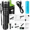 A collage of images showing a flashlight, its packaging, accessories, and technical specifications. Podgląd zdjęcia produktu