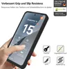 A hand is holding a black phone case with a Xiaomi 15 phone inside. The image also features marketing text and icons highlighting product features. Produktbild-Vorschau
