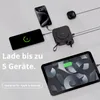 A collection of electronic devices, including smartphones and a tablet, are shown connected to a black multi-port charging hub, suggesting a charging solution. Produktbild-Vorschau