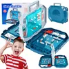 A collage of images showing a child playing with a "Sea Battle" board game, the game itself in various configurations, and its packaging. Produktbild-Vorschau
