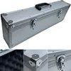 A collage of images showing a silver aluminum case with black handle and foam interior. Produktbild-Vorschau