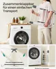 A collage showing a person holding a foldable drying rack, a washing machine, and close-ups of the drying rack's features. Produktbild-Vorschau