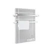 A white infrared heater with silver towel rails and a white towel hanging on it, set against a white background. Produktbild-Vorschau