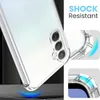 A clear phone case is shown, highlighting its shock-resistant features with graphics. Produktbild-Vorschau