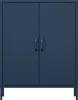 A dark blue metal cabinet with two doors and two handles, standing on four thin legs. Produktbild-Vorschau