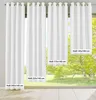 Four white curtains of different widths are displayed in front of a window with a view of trees and greenery. Labels indicating dimensions are attached to three of the curtains. Produktbild-Vorschau