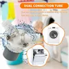 Collage showing a dual connection tube for washing machines and dishwashers, with text overlays and images of appliances. Produktbild-Vorschau