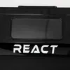 A close-up view of the word 'REACT' printed in white on a black surface, with a rectangular inset above it. Anteprima dell’immagine prodotto