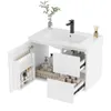 A white bathroom vanity with a ceramic sink and a black faucet, shown with its doors and drawers open to reveal storage. Náhľad obrázku produktu