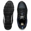A top-down view of a pair of black and blue trainers, with one shoe showing the sole and the other showing the top. Produktbild-Vorschau