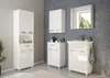 A modern bathroom vanity set with a sink and storage cabinets against a patterned wall. Voir les images du produit
