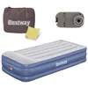 A collection of items for an inflatable mattress set, including the mattress itself, a storage bag, a pump, and a yellow instruction sheet. Náhled obrázku produktu