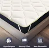 A close-up view of a mattress topper placed on a mattress, with feature icons at the bottom. Náhled obrázku produktu