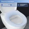 A close-up view of a white toilet seat with a blue grid overlay highlighting its ergonomic design and material. Produktbild-Vorschau