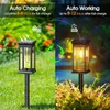 A split image showing solar garden lights. The left side depicts a light charging in daylight, and the right side shows it illuminated at night. Produktbild-Vorschau