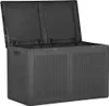 A dark gray plastic storage box with a woven rattan texture, shown with its lid open. Náhled obrázku produktu