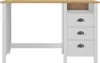 A white desk with a wooden top and three drawers. Produktbild-Vorschau