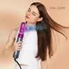 A woman is using a hair styling tool, with stylized bubbles and light effects emanating from it. Produktbild-Vorschau