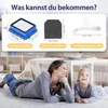 A woman and a child are lying on the floor, looking up and smiling. Above them is a graphic showing vacuum cleaner filters and a cleaning brush with dimensions and labels. Produktbild-Vorschau