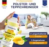 A woman and her dog are sitting on a rug in a living room, with a bottle of cleaning product in the foreground. Produktbild-Vorschau