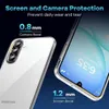 A close-up marketing image showing a clear phone case on a black background, highlighting screen and camera protection features with text overlays. Produktbild-Vorschau