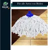 A mop head is shown on a split background of dark wood and light wood flooring, with a dark blue banner at the top. Produktbild-Vorschau