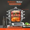 A multi-tiered stainless steel steamer with a cutaway view showing food cooking inside, placed on a counter with bottles of oil and some vegetables. Náhľad obrázku produktu