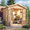 A wooden garden shed with its doors open, decorated with plants and home decor, set in a garden. Produktbild-Vorschau