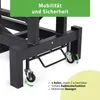 Close-up of the base of a treatment table showing its wheels and frame. Produktbild-Vorschau