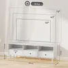 A white TV stand with dimensions and TV screen size indicators. Produktbild-Vorschau