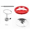 A collection of parts for a bar stool, including a seat, a height adjustment mechanism, a gas lift cylinder, a base, and screws, arranged on a white background. Produktbild-Vorschau