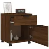 A wooden filing cabinet with one drawer open and one door ajar, placed on a white background. Podgląd zdjęcia produktu