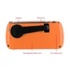 The back view of an orange emergency radio with labels pointing to its features. Voir les images du produit