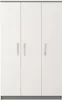 A front view of a white three-door wardrobe with gray trim at the bottom and silver handles. Voir les images du produit