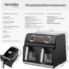 A product information graphic for a dual-chamber air fryer, showing dimensions and technical specifications alongside a product image. Produktbild-Vorschau