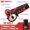 A diagram of a cordless mini angle grinder with labels pointing out its features and specifications. Náhled obrázku produktu