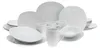 A collection of white ceramic dinnerware, including plates, bowls, and mugs, arranged on a white background. Produktbild-Vorschau