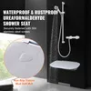 A shower seat and shower head in a bathroom setting, with text overlays highlighting product features. Anteprima dell’immagine prodotto