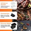 A collage of images showcasing air fryer accessories, including grill racks, oven mitts, and silicone baskets, alongside food items like ribs and skewers. Produktbild-Vorschau