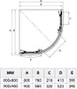 A technical drawing with a table of dimensions for a shower enclosure. Produktbild-Vorschau