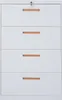 A white filing cabinet with four drawers and wooden handles is shown against a white background. Produktbild-Vorschau