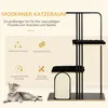 A modern cat tree with multiple platforms and a scratching surface, shown with descriptive icons and text. Anteprima dell’immagine prodotto