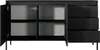 A black sideboard with doors and drawers open to reveal storage space. Produktbild-Vorschau