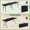 Diagrams showing the dimensions and weight capacity of two different sizes of folding tables. Produktbild-Vorschau
