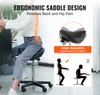 A person sitting on an ergonomic saddle chair, with illustrations highlighting the chair's features. Náhled obrázku produktu
