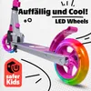 A close-up marketing image of a pink and gray scooter with LED wheels. Produktbild-Vorschau
