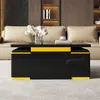 A modern black coffee table with yellow accents and four hidden stools, placed in a living room setting. Voir les images du produit