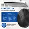 A kitchen range hood with a charcoal filter and a list of compatible brands. Produktbild-Vorschau
