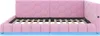A pink upholstered bed frame with a hexagonal pattern on the headboard and a blue LED light strip at the base. Produktbild-Vorschau