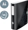 A product shot of a black binder with a patterned design, shown with two circular informational graphics. Voir les images du produit